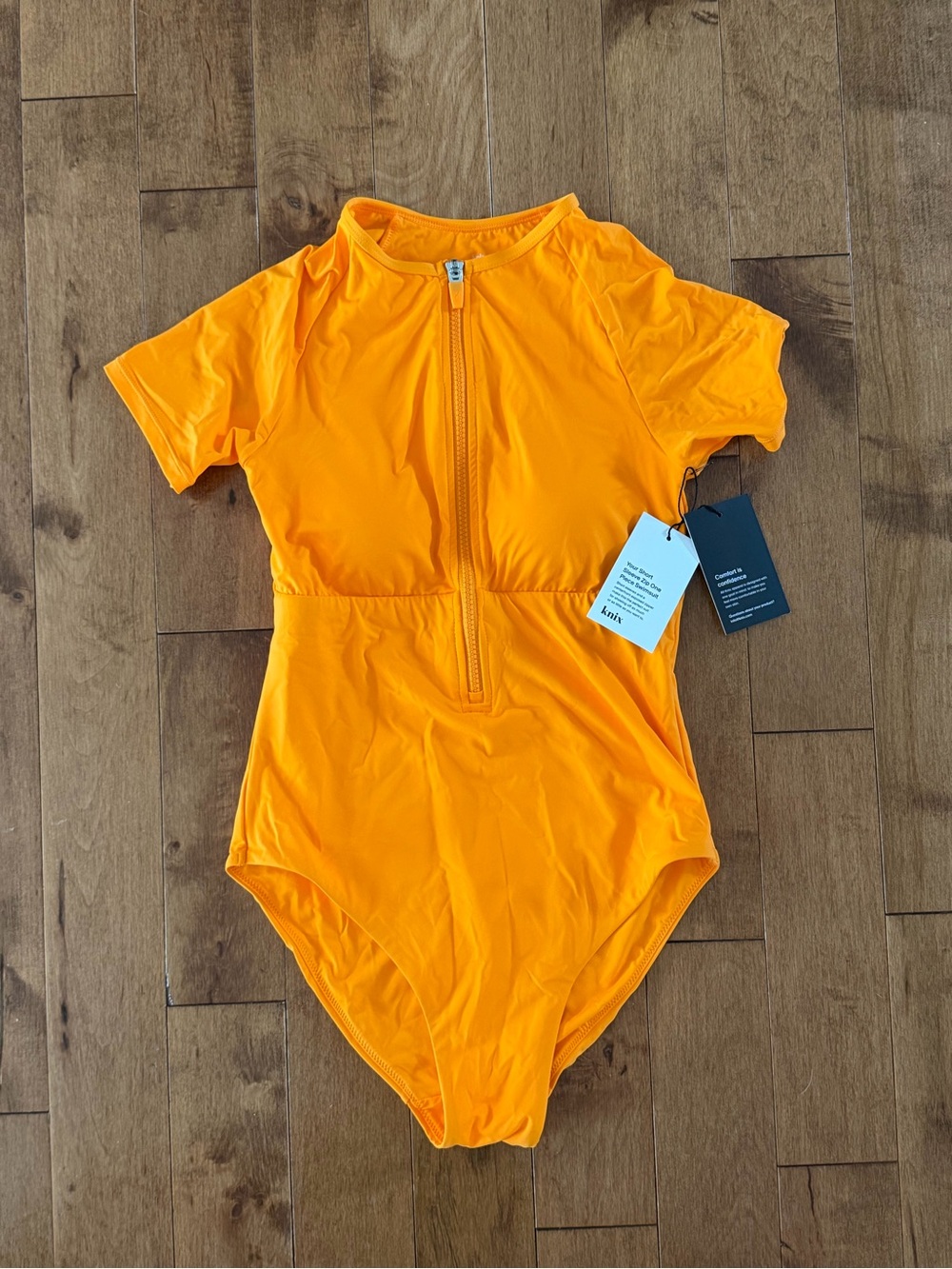 knix Orange Short-Sleeve One-Piece Swimsuit with Front Zip